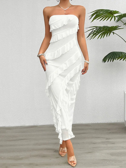 Women’s Strapless Midi Dress – Bodycon Fit – Stretch Fabric – Ruffled Front Detail