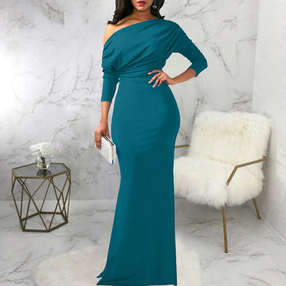 Women’s Evening Gown – Fitted Silhouette – Off-Shoulder – Long Sleeve Draped Satin