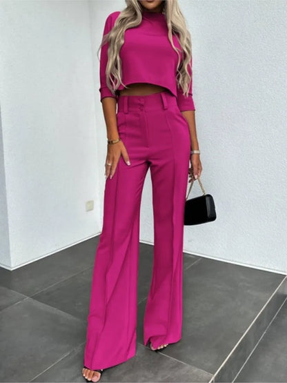 Women's  elegant casual crop top and high waist wide leg trouser set