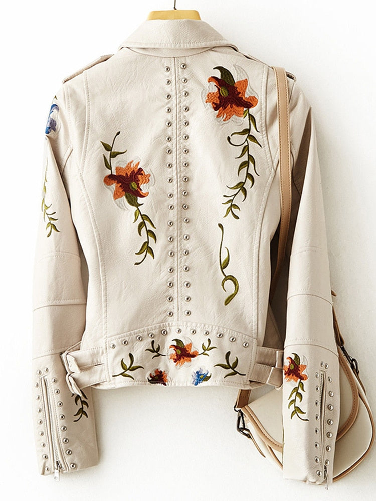 Women's modern leather jacket with floral embroidery