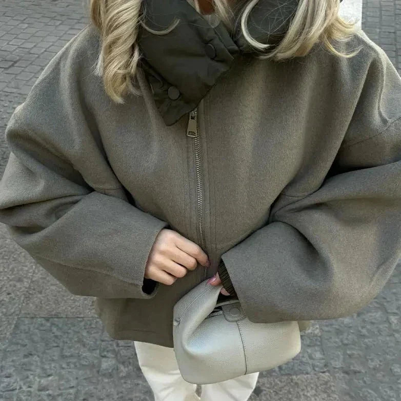 Wool Blend Oversized Hooded Zip Jacket 