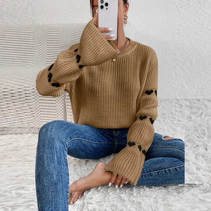 Women's jacquard-knit elegant cinched waist with heart details sweater