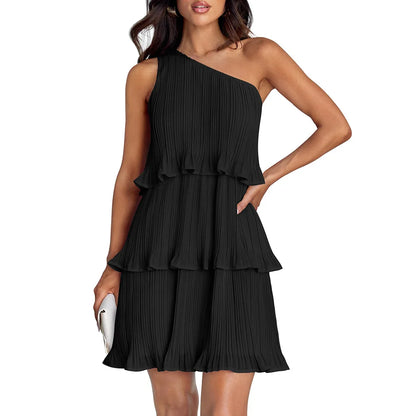 Women’s One-Shoulder Midi Dress – Pleated Chiffon – Tiered Skirt – Flowy Fit