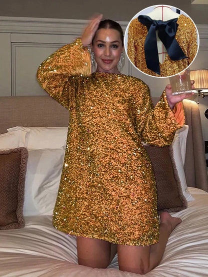 Women's Long-Sleeve Mini Dress - Boucle Textured - Shift Style - Round Neck