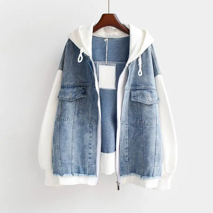 Women's loose fit hooded denim jacket with layered effect zipper closure