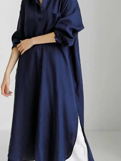 Women's Shirt Dress - Button Down - Long Sleeve - Relaxed Fit - Side Slits
