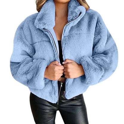 Women’s Faux Fur Jacket - Oversized Fit - High Collar - Full Zip Closure - Soft & Cozy