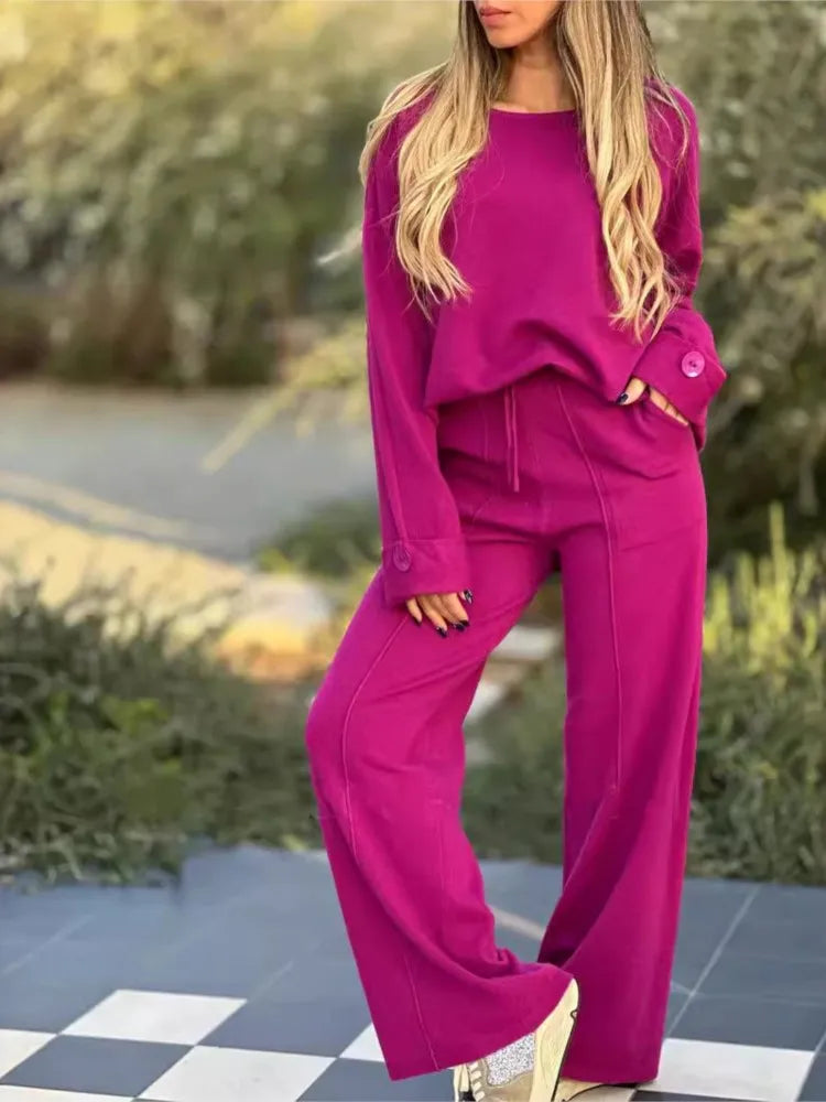 Women’s casual long sleeve t-shirt and wide leg trousers set