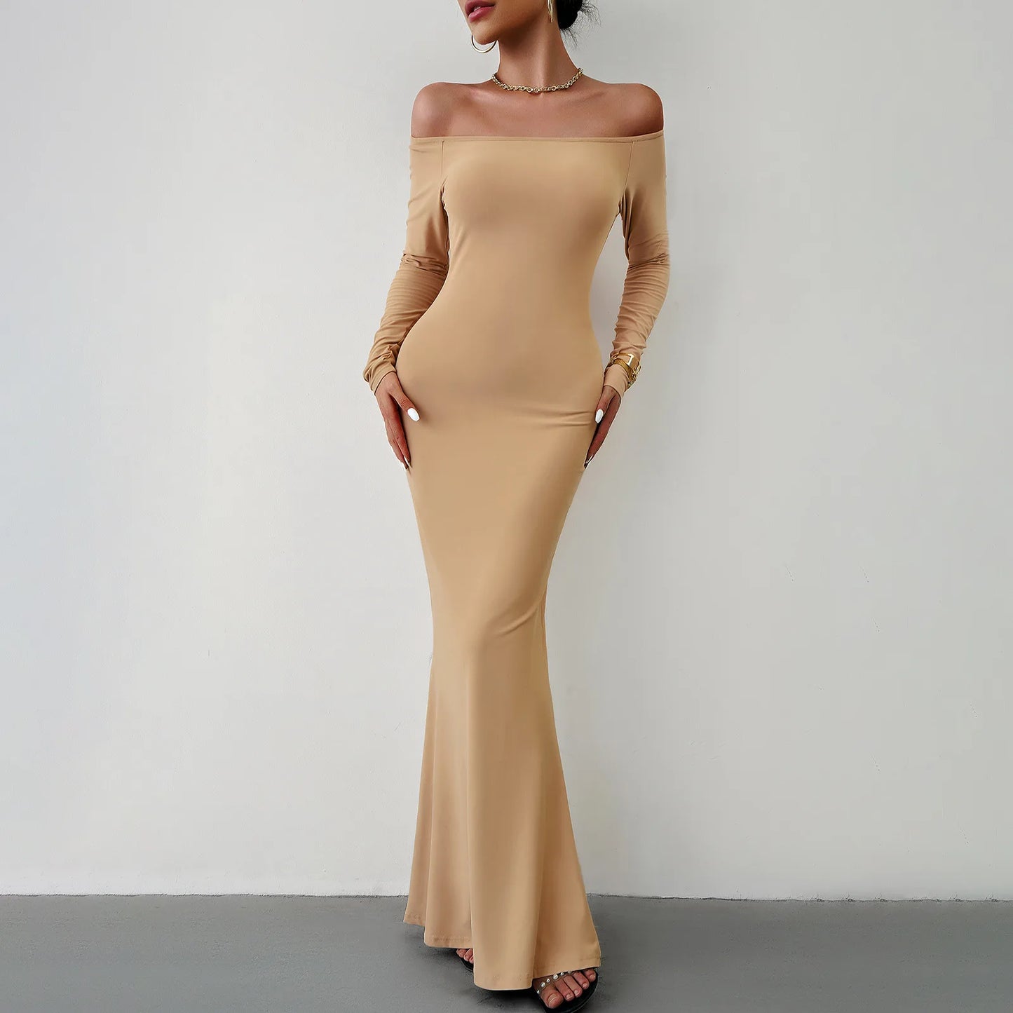Women’s Maxi Dress – Off-Shoulder – Stretch Fit – Long Sleeve Elegant Formal Gown