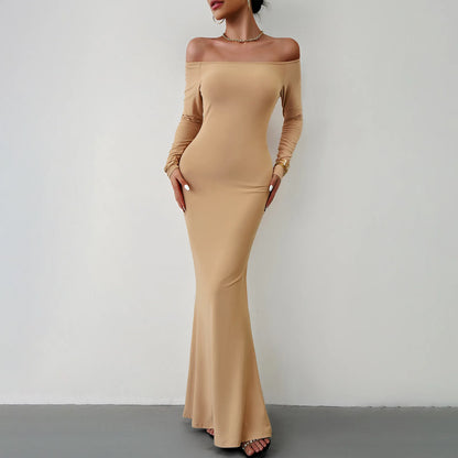 Women’s Maxi Dress – Off-Shoulder – Stretch Fit – Long Sleeve Elegant Formal Gown