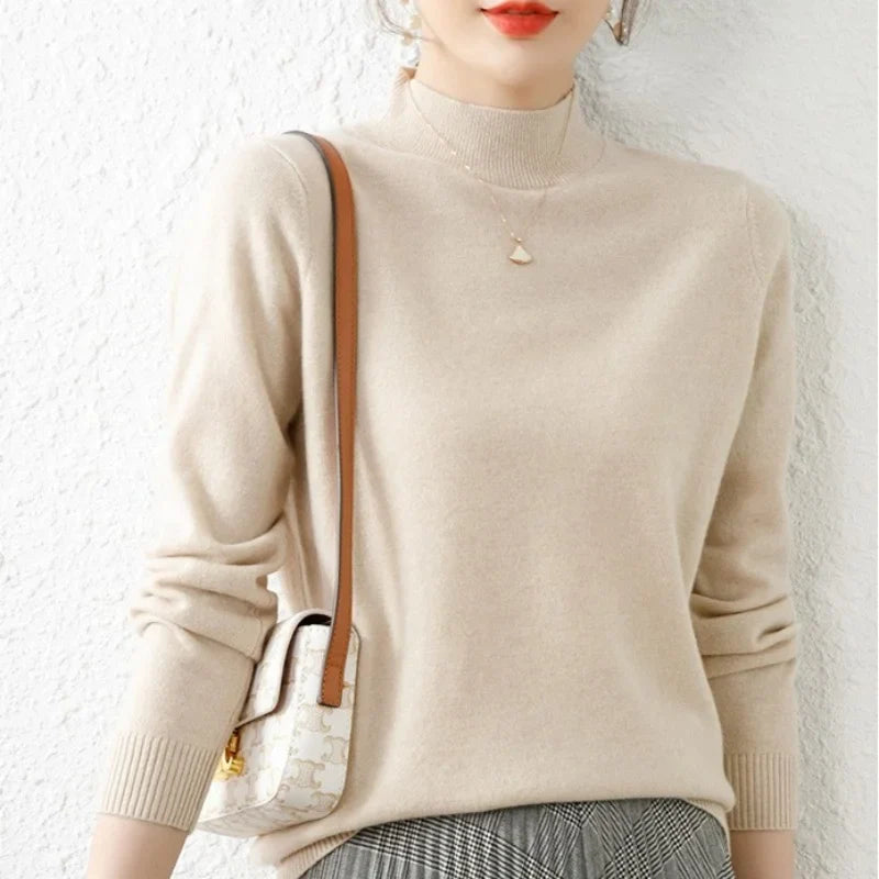 Women’s Sweater – Slim Fit – Wool Blend – Mock Neck – Ribbed Cuffs and Hem