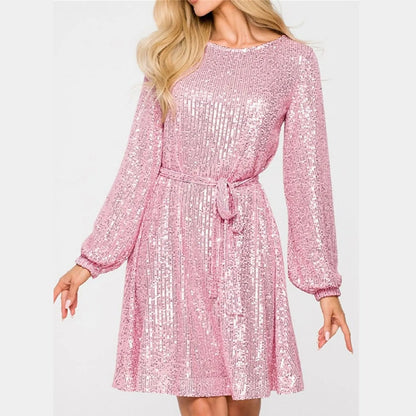 Women's Sequined A-Line Dress - Long Sleeve - Round Neck - Belted Waist - Elegant Shine