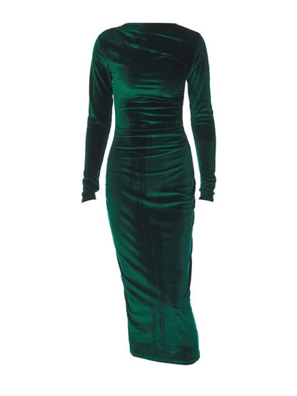 Women's Bodycon Dress - Long Sleeve Stretch Fit - Ruched Detailing Elegant Wear