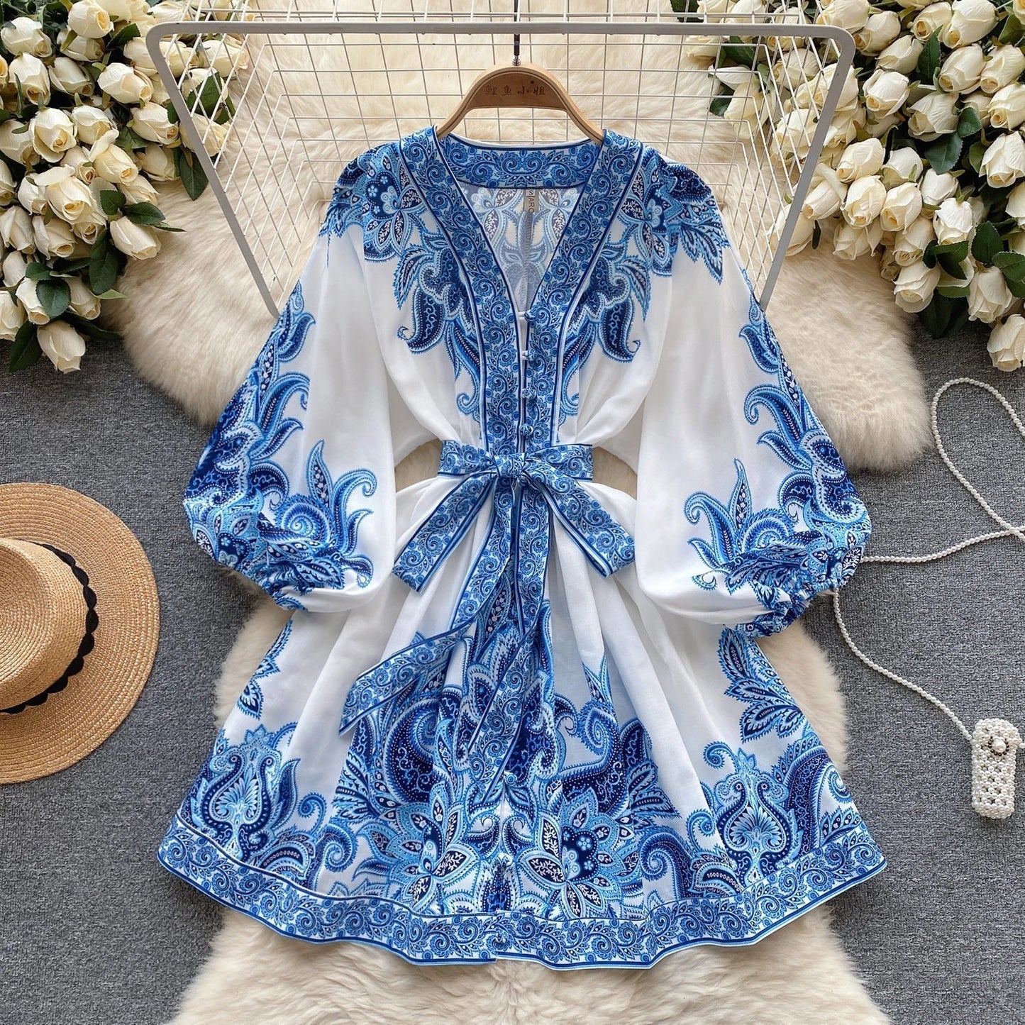 Women's Boho Mini Dress - V-Neck - Long Balloon Sleeves - Tie Waist - Paisley Print