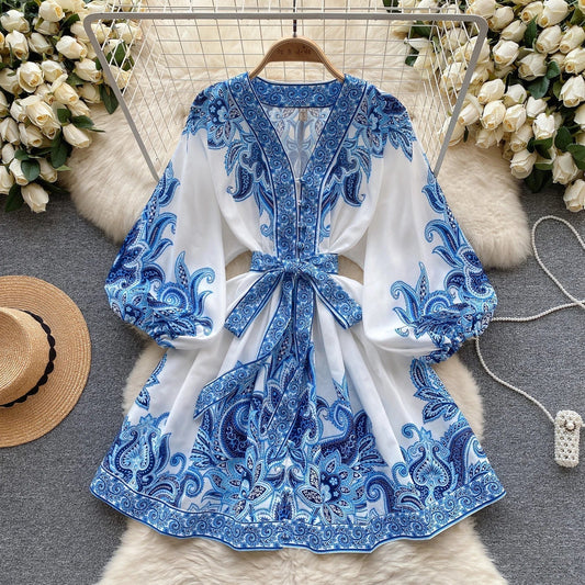 Paisley Print Tie Waist Boho Mini Dress