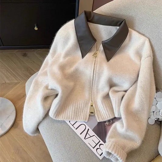 Leather Knitted Double-Head Zipper Cardigan