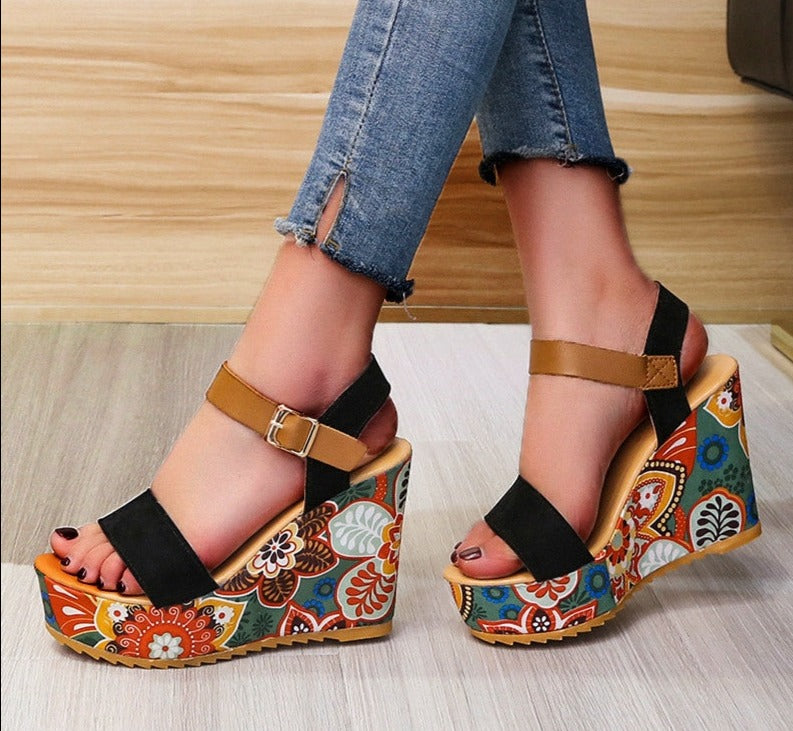 Women's Wedge Sandals - High Platform - Ankle Strap - Stylish Printed Heel