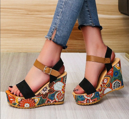 Women's Wedge Sandals - High Platform - Ankle Strap - Stylish Printed Heel