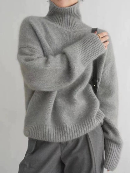 Women’s Turtleneck Sweater - Knitted Wool Blend - Relaxed Fit - Long Sleeve Ribbed Cuffs