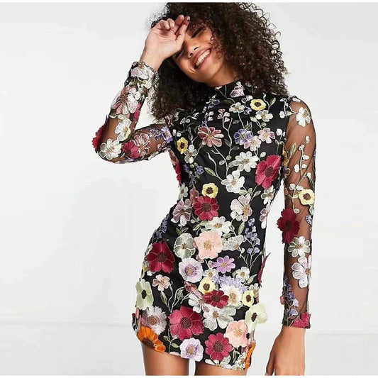 Floral Embroidered Sheer Overlay Mini Dress