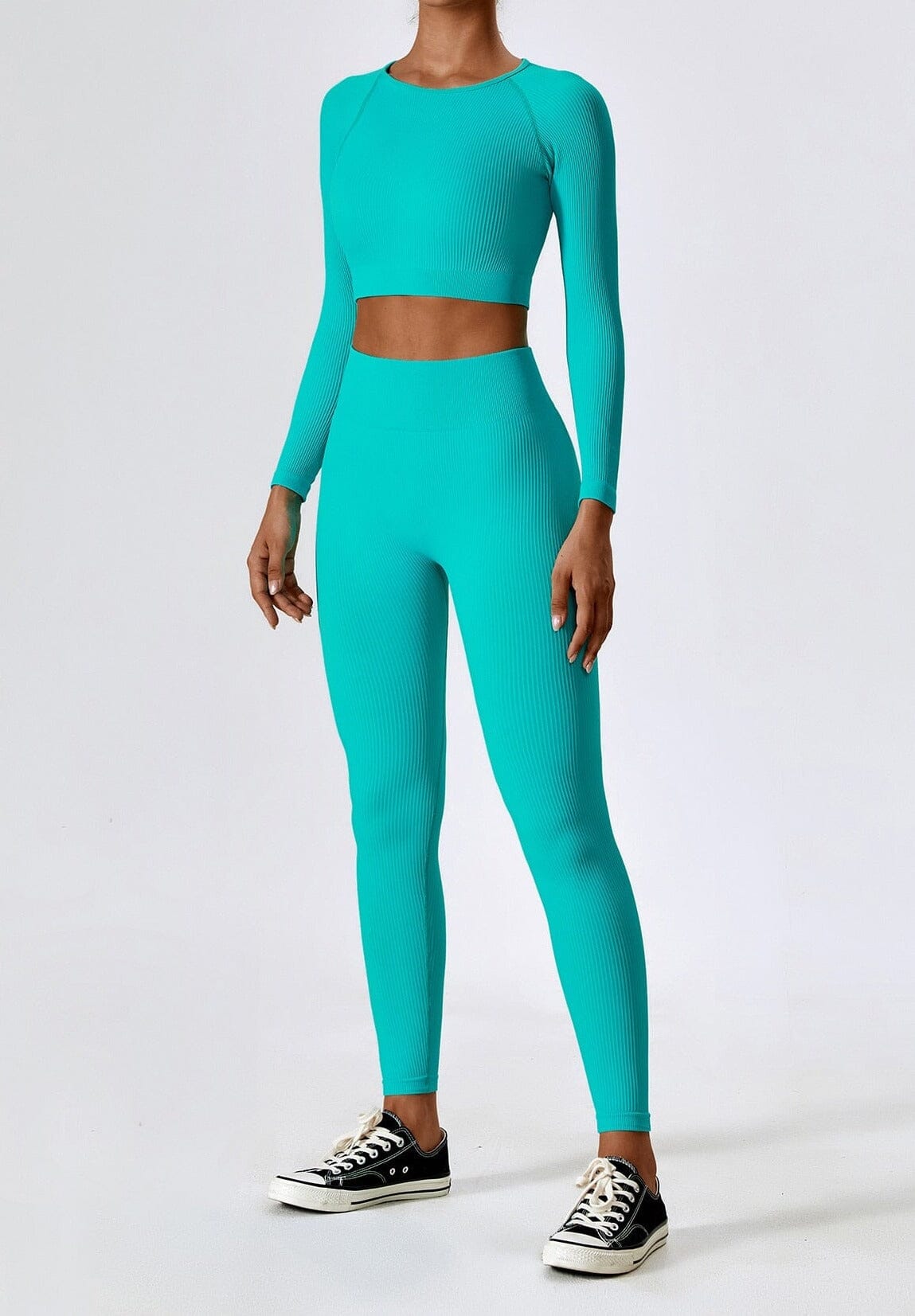 Women's Ribbed Knit Two-Piece Set - Long Sleeve Crop Top & High-Waisted Leggings