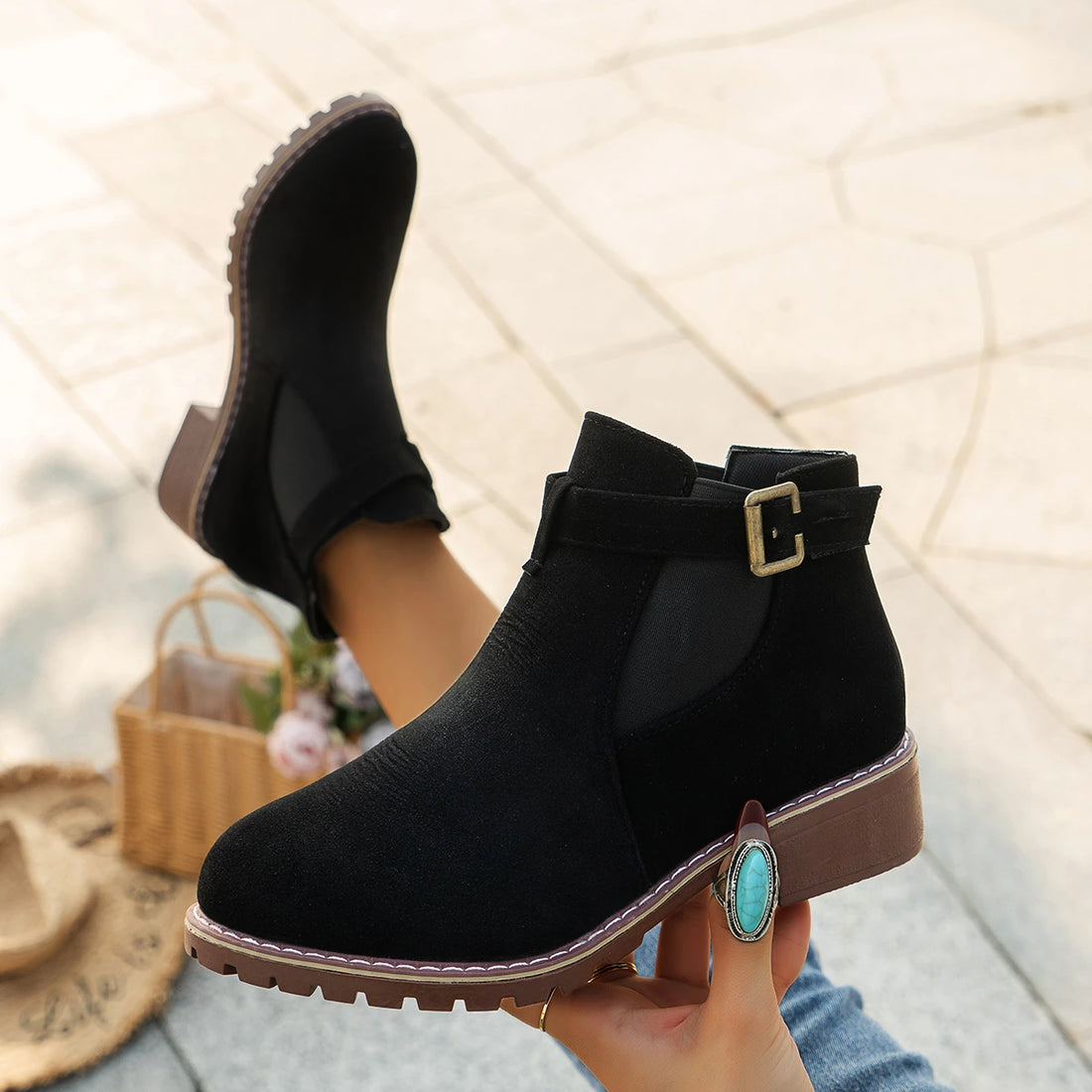 Women's casual mid-heel boots with chunky belt buckle style