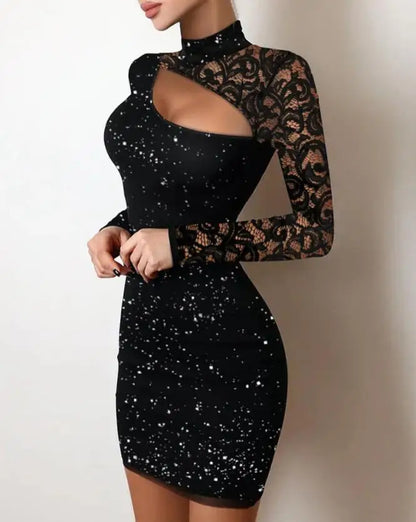Women's Fitted Mini Dress - Asymmetrical Lace Sleeve - High Neck Glam Party Wear