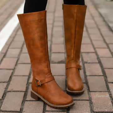 Women's high-top biker boots with chunky heel and buckle design