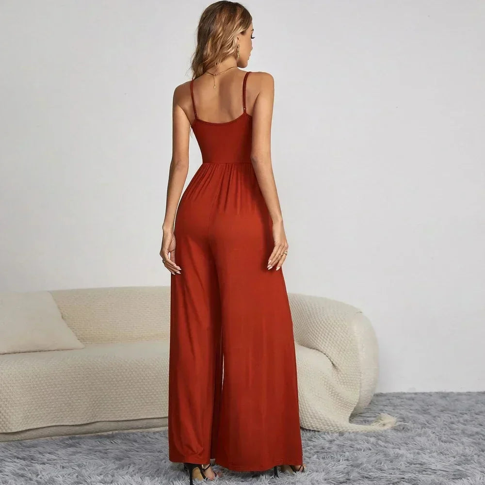 Women’s Jumpsuit - Sleeveless Spaghetti Strap - Button Front - Wide Leg Fit