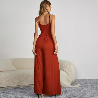 Women’s Jumpsuit - Sleeveless Spaghetti Strap - Button Front - Wide Leg Fit