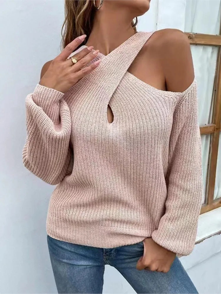 Women's cross neck lantern sleeve knitted sweater