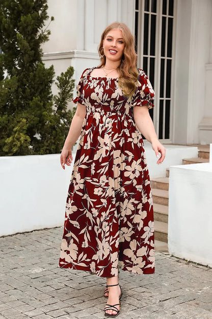 Women's Maxi Dress - Square Neck - Puff Sleeves - Smocked Bodice - Floral Print