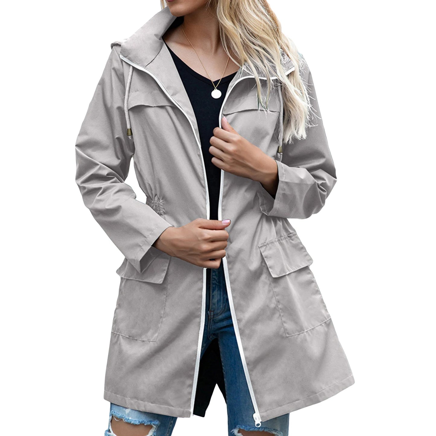 Women's casual hooded jacket with waist drawstring and pockets