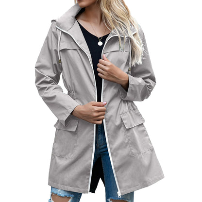 Women's casual hooded jacket with waist drawstring and pockets