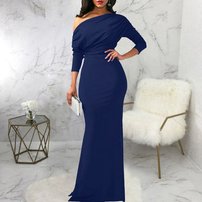 Women’s Evening Gown – Fitted Silhouette – Off-Shoulder – Long Sleeve Draped Satin