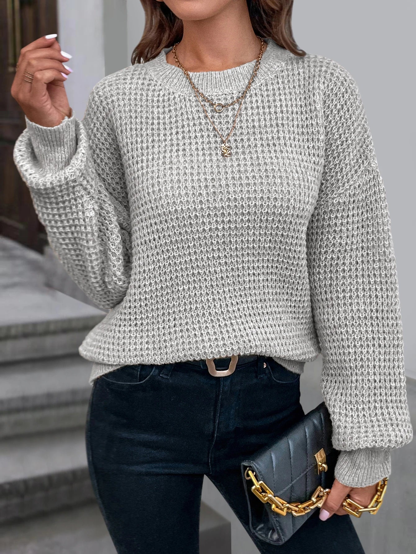 Women's Knitted Sweater - Textured Cozy Fabric - Oversized Fit - Crew Neck Ribbed Cuffs