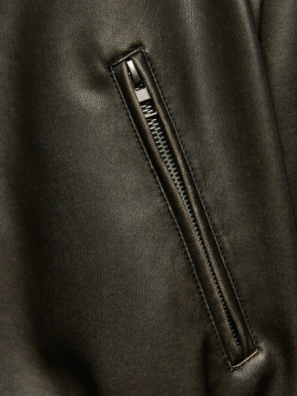 Women’s Bomber Jacket - Cropped Fit - Faux Leather - Zip Front - Ribbed Collar & Cuffs