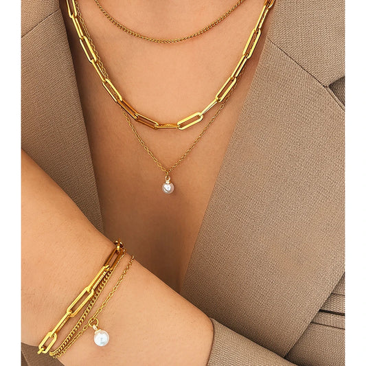 Layered Pearl Accent Chain Necklace and Bracelet Set