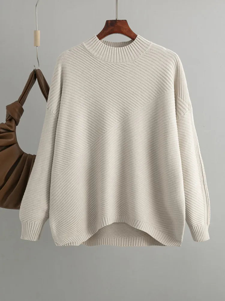 Women's retro loose long sleeved half turtleneck knit sweater