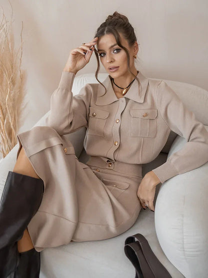 Women's elegant knit blazer and skirt set with pockets