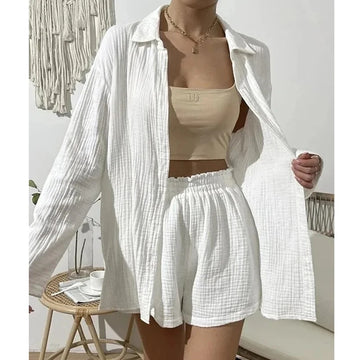 Women's 2-piece long sleeve shirt & high waist mini shorts set