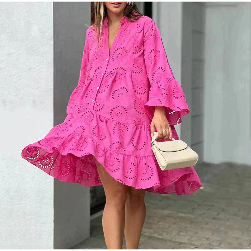 Women's Midi Dress - Eyelet Lace - Tiered Loose Fit - Flared Sleeves - V-Neck Elegant