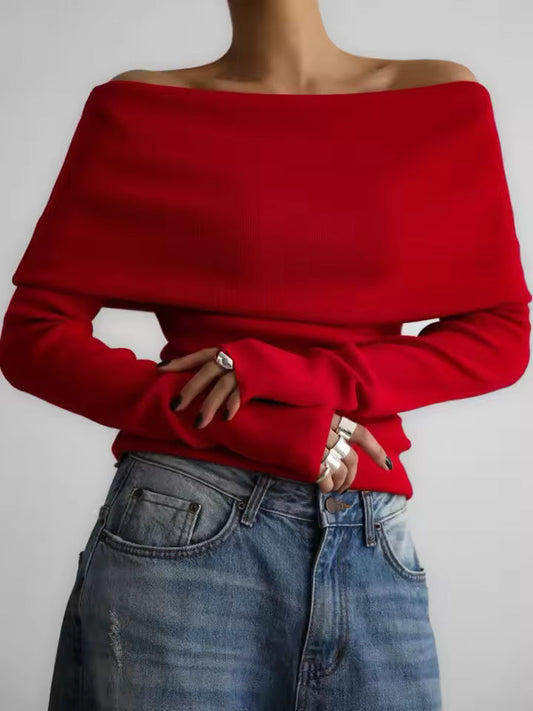 Ribbed Knit Off-Shoulder Relaxed Fit Sweater 