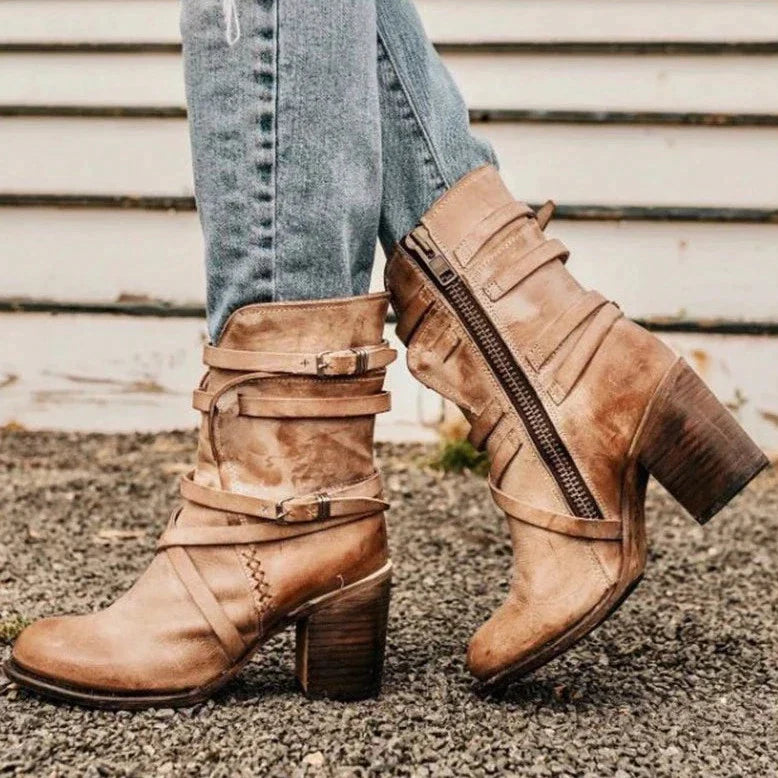 Women's retro leather boots with belt buckle design