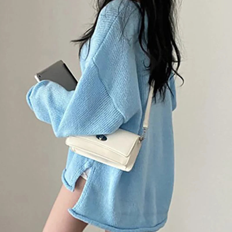 Women's vintage loose v-neck slit rolled edge sweater
