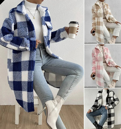 Women's autumn winter long plaid fleece sweatshirt coat