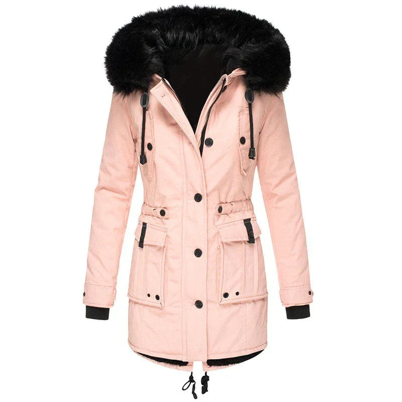 Women's winter parka with fur hood with front pocket and button closure