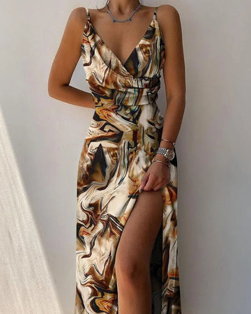 Deep V-Neck Dress with Ruffled Slit Design