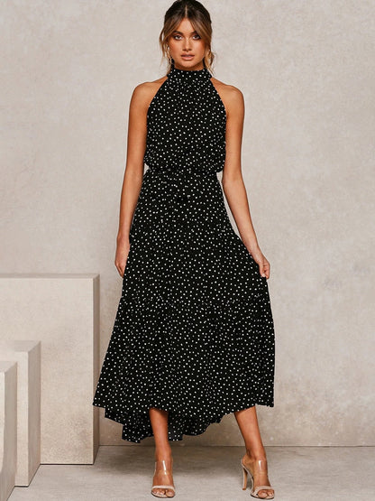 Women’s Halter Midi Dress – Fit-and-Flare – Polka Dot – Waist Tie – Breathable Blend