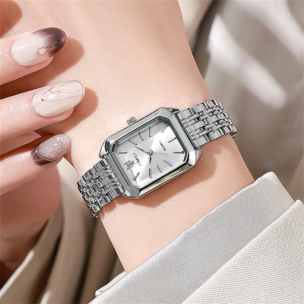 Rectangular quartz women's wristwatch with a sleek minimalist design